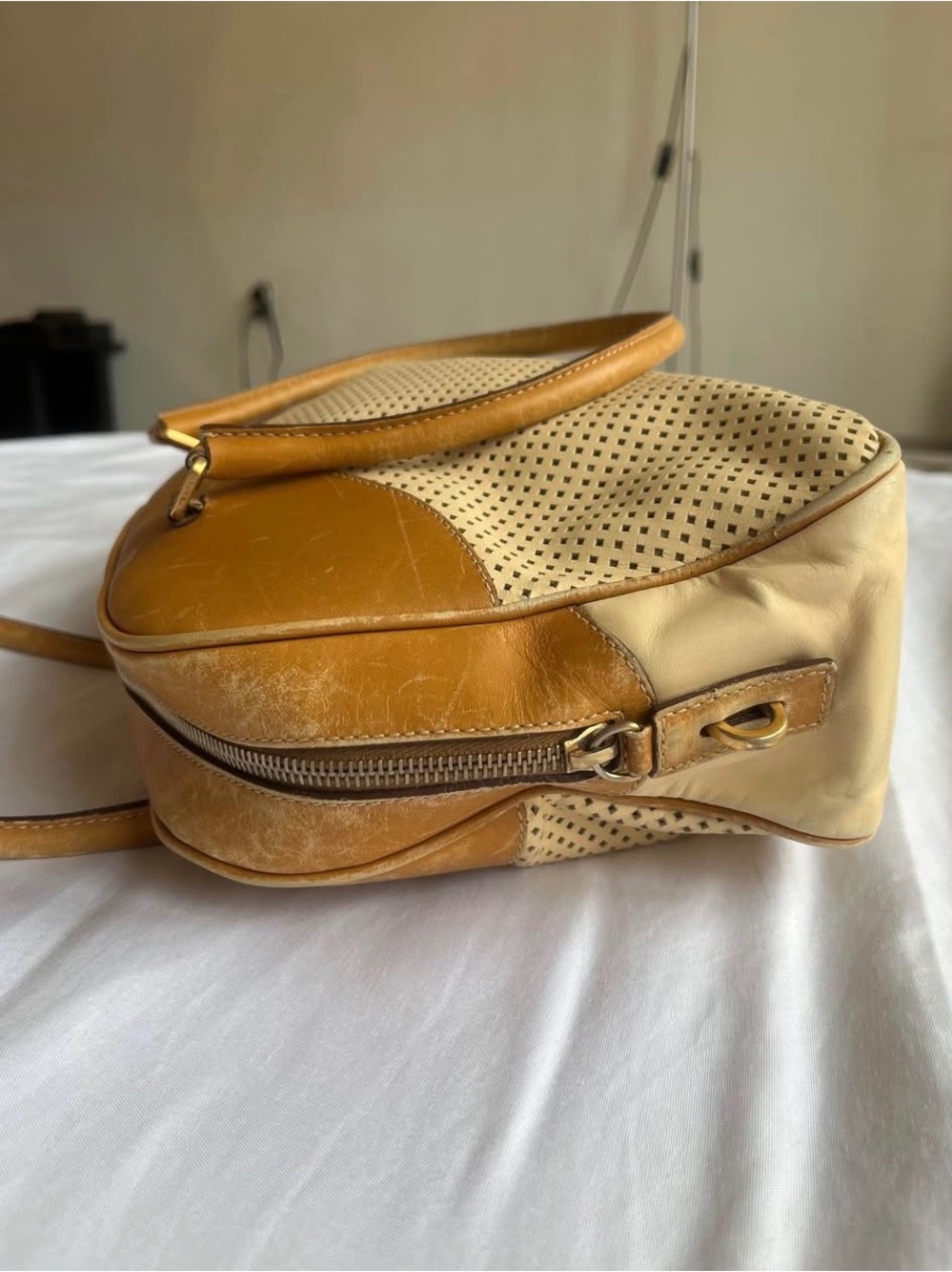 Prada Tan and Cream Perforated Shoulder Bag - Picture 5 of 8